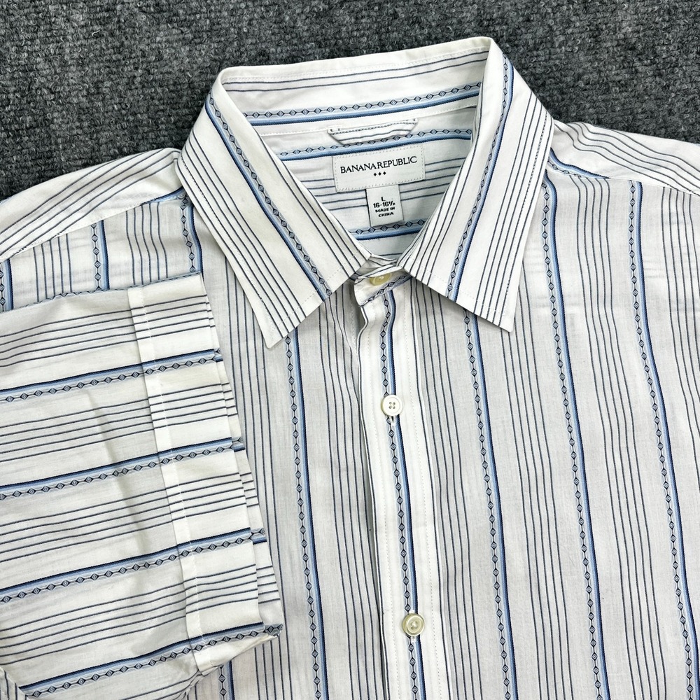 Banana Republic White Blue Striped Button Down Shirt Size L 16-16-1/2